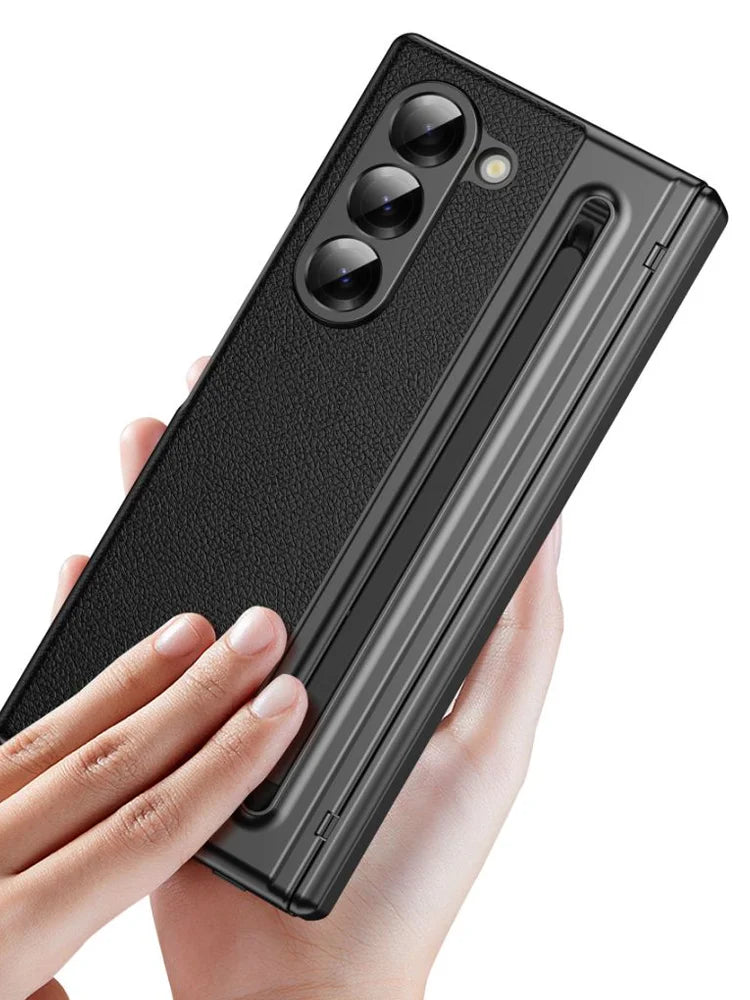 For Galaxy Fold6 S Pen Leather Phone Case Hinge Protection & Built-in Screen Protector Leather Phone Cover for Fold5 Fold4 Black