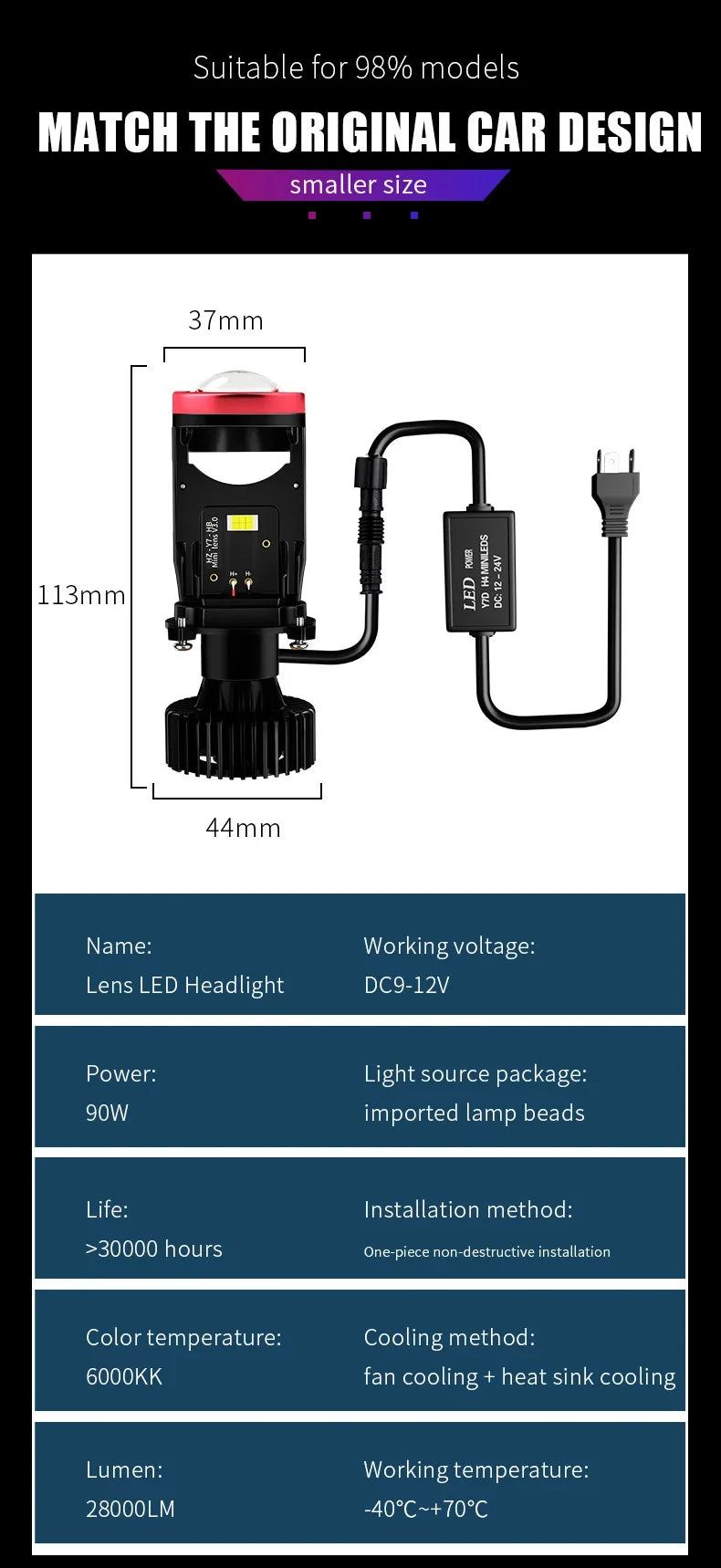 2PC Y7 Automotive LED Headlamps H4 Lens Super Bright Tangent Focusing High and Low Range Integrated LED Automotive Headlamps