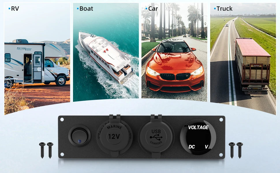 DaierTek 4 in 1 ON/OFF Charger Socket Panel Dual USB Socket Power Outlet & LED Voltmeter &Cigarette Lighter Socket& LED Switch