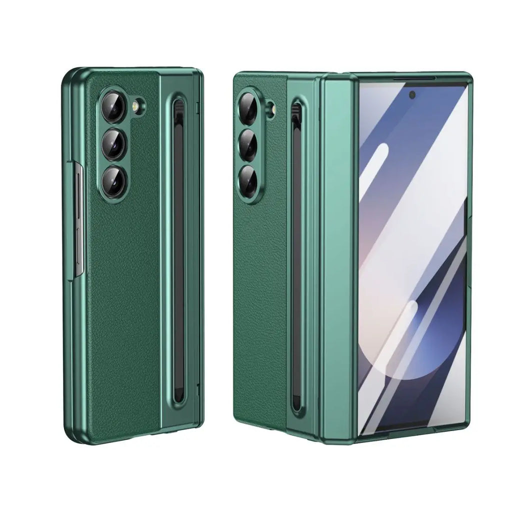 For Galaxy Fold6 S Pen Leather Phone Case Hinge Protection & Built-in Screen Protector Leather Phone Cover for Fold5 Fold4 Black