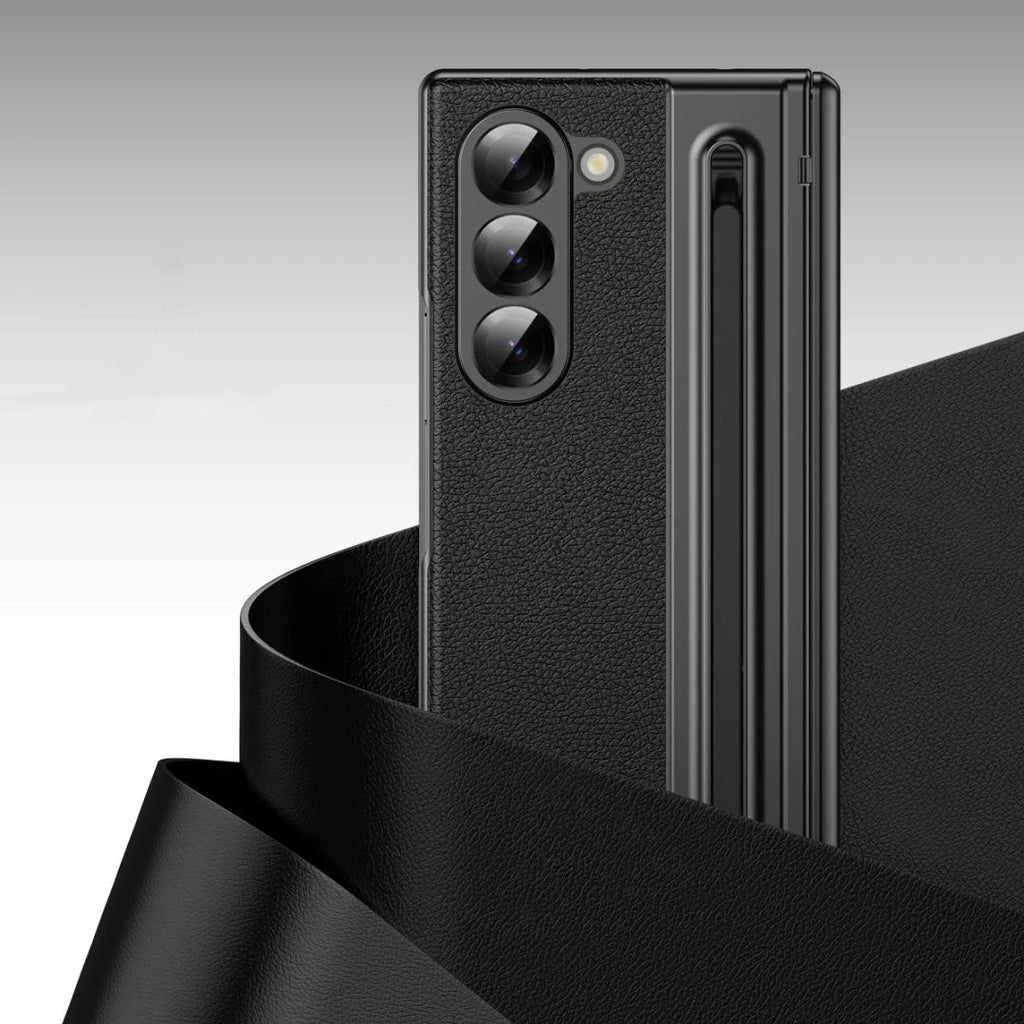 For Galaxy Fold6 S Pen Leather Phone Case Hinge Protection & Built-in Screen Protector Leather Phone Cover for Fold5 Fold4 Black