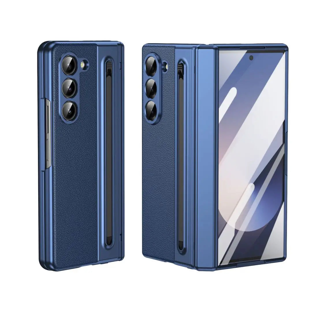 For Galaxy Fold6 S Pen Leather Phone Case Hinge Protection & Built-in Screen Protector Leather Phone Cover for Fold5 Fold4 Black