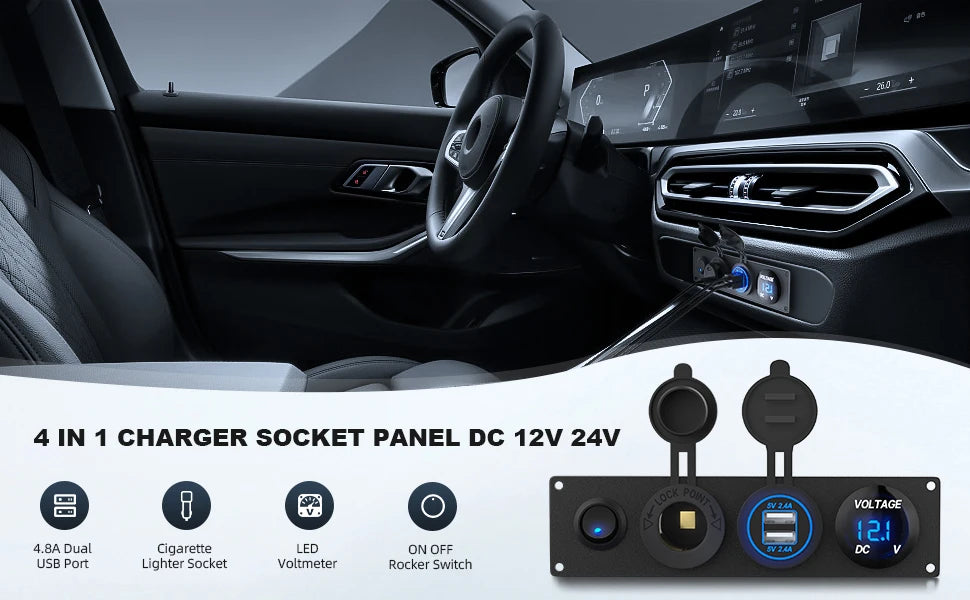 DaierTek 4 in 1 ON/OFF Charger Socket Panel Dual USB Socket Power Outlet & LED Voltmeter &Cigarette Lighter Socket& LED Switch