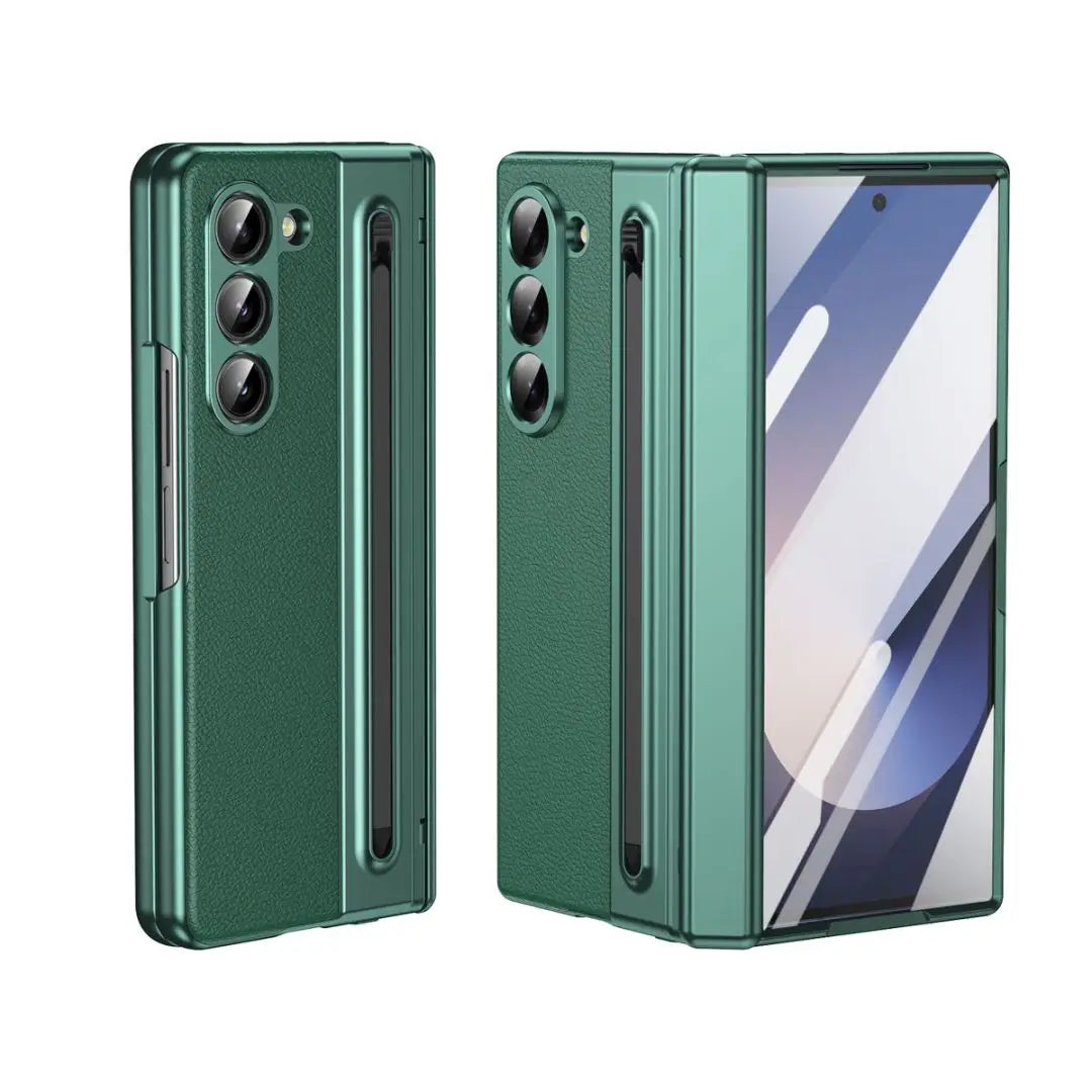 S Pen Phone Case for Galaxy Z Fold6 Fold7 Hinge Protection & Built-in Screen Protector Leather Phone Cover for Fold4 Fold5 Blue