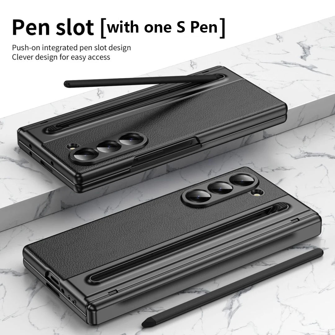 S Pen Phone Case for Galaxy Z Fold6 Fold7 Hinge Protection & Built-in Screen Protector Leather Phone Cover for Fold4 Fold5 Blue