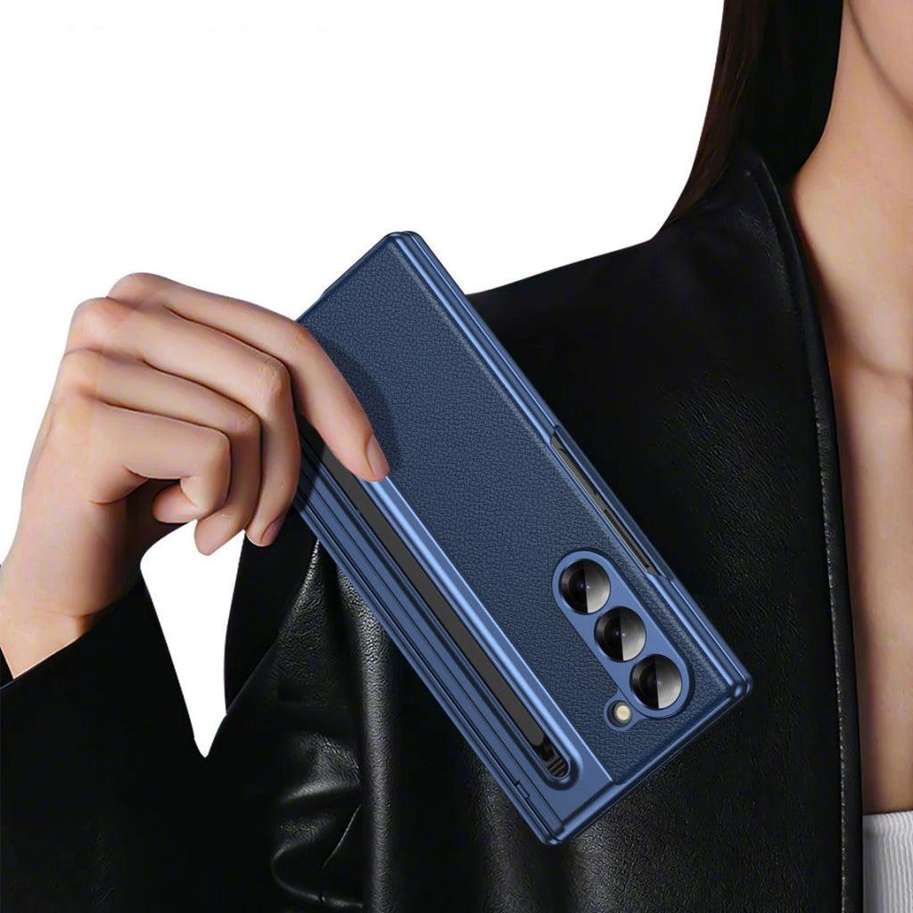 S Pen Phone Case for Galaxy Z Fold6 Fold7 Hinge Protection & Built-in Screen Protector Leather Phone Cover for Fold4 Fold5 Blue
