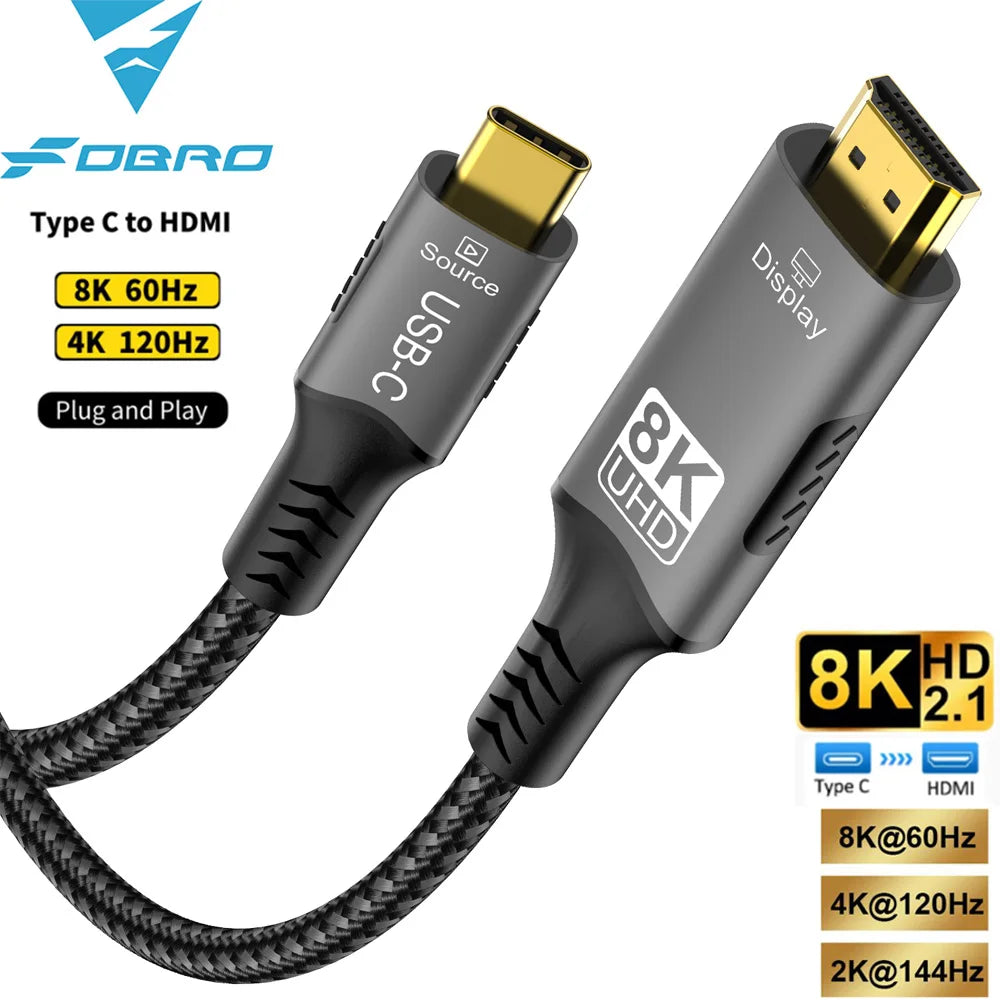 8K USB C to HDMI Cable 2.1 Adapter 32.4Gbps 4K@120Hz HDR10+ Dolby Vision for MacBook Pro/M1/M2/Cord for Laptop Tablet Galaxy S24