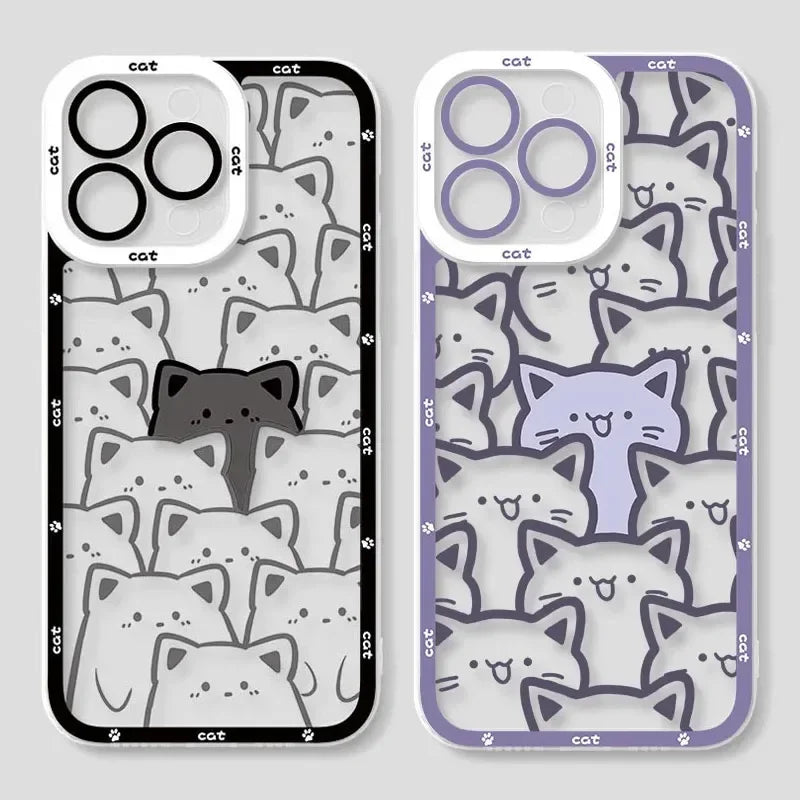 Cute Cartoon Cat Couple Phone Case for iPhone 17 16 15 14 13 12 11 Pro Max Mini X XR XS 7 8 Plus 17E SE Transparent Cover Fundas