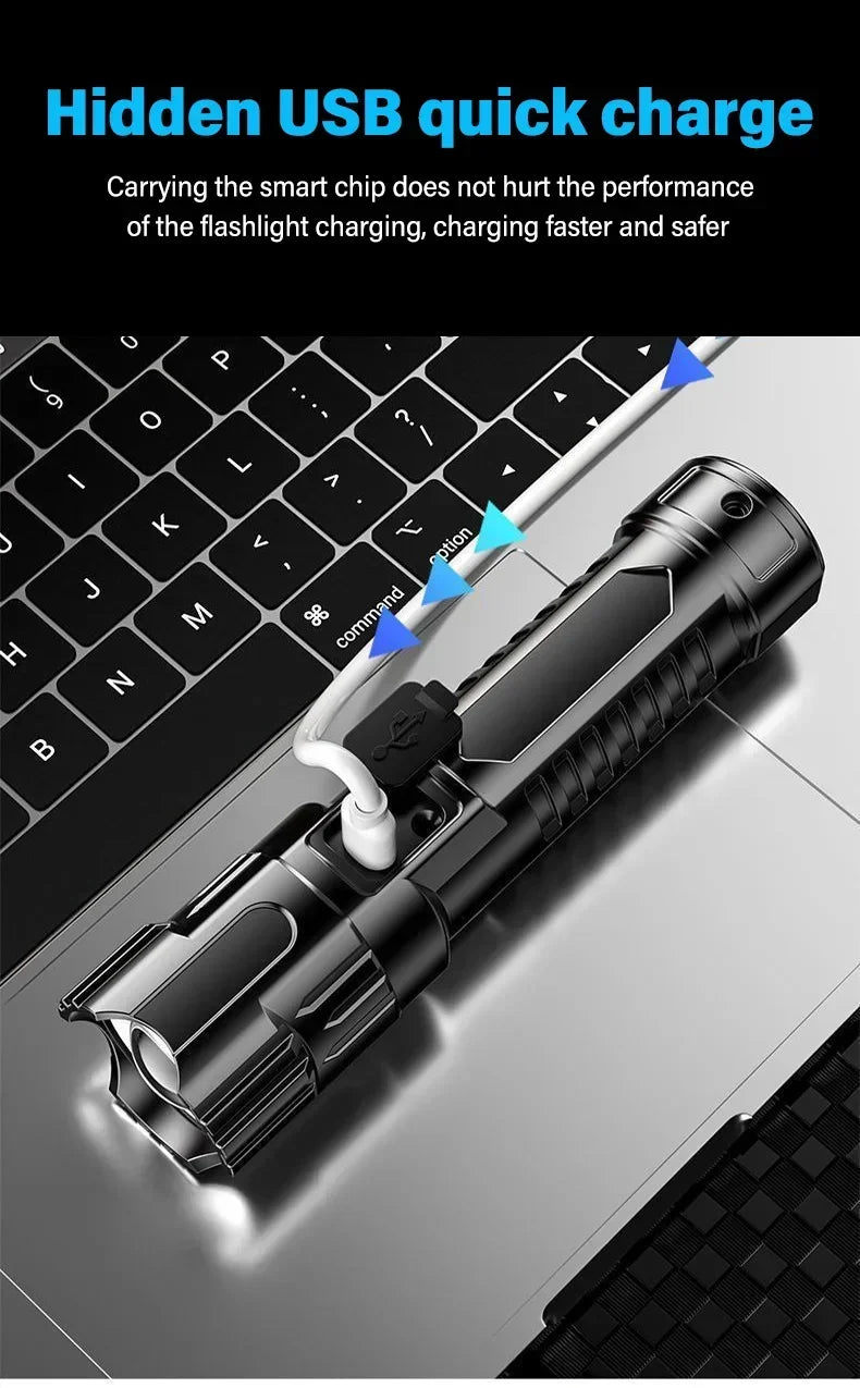 Super Bright LED Flashlight USB Rechargeable Flashlights with Tactical Zoom High Power Spotlight Outdoor Camping Fishing Torch