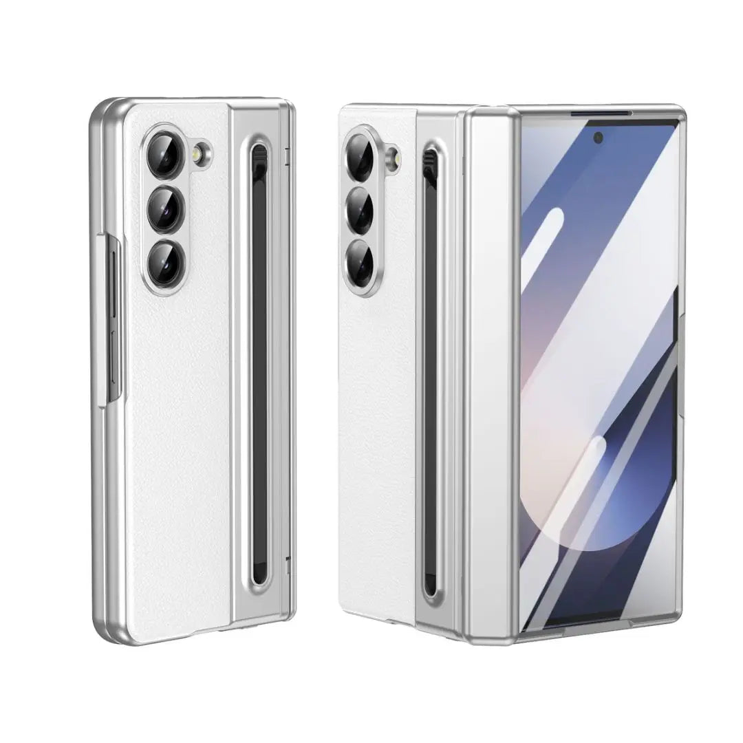 S Pen Phone Case for Galaxy Z Fold6 Fold7 Hinge Protection & Built-in Screen Protector Leather Phone Cover for Fold4 Fold5 Blue