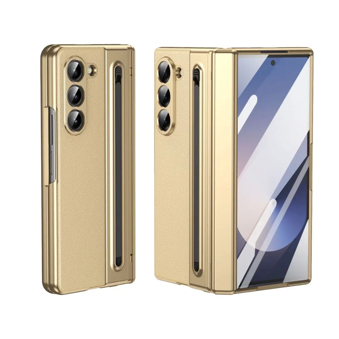 For Galaxy Fold6 S Pen Leather Phone Case Hinge Protection & Built-in Screen Protector Leather Phone Cover for Fold5 Fold4 Black