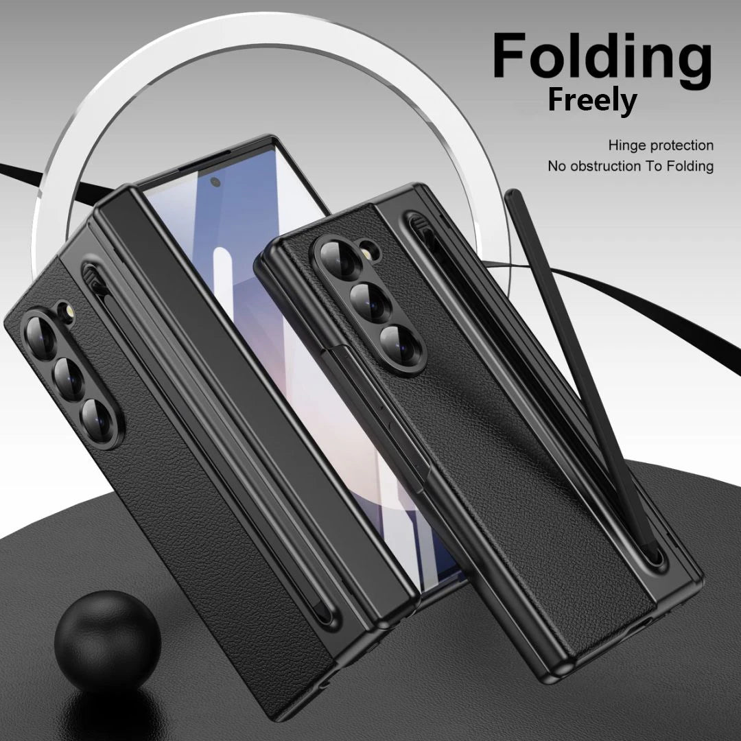 For Galaxy Fold6 S Pen Leather Phone Case Hinge Protection & Built-in Screen Protector Leather Phone Cover for Fold5 Fold4 Black