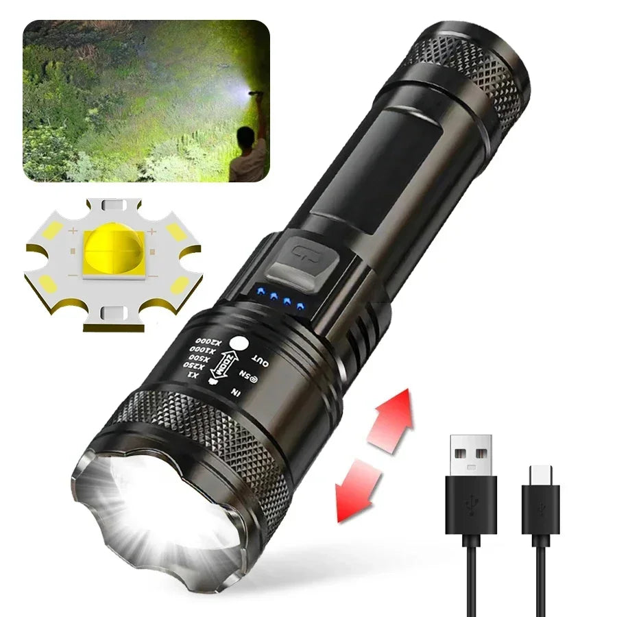 Super Bright LED Flashlight USB Rechargeable Flashlights with Tactical Zoom High Power Spotlight Outdoor Camping Fishing Torch