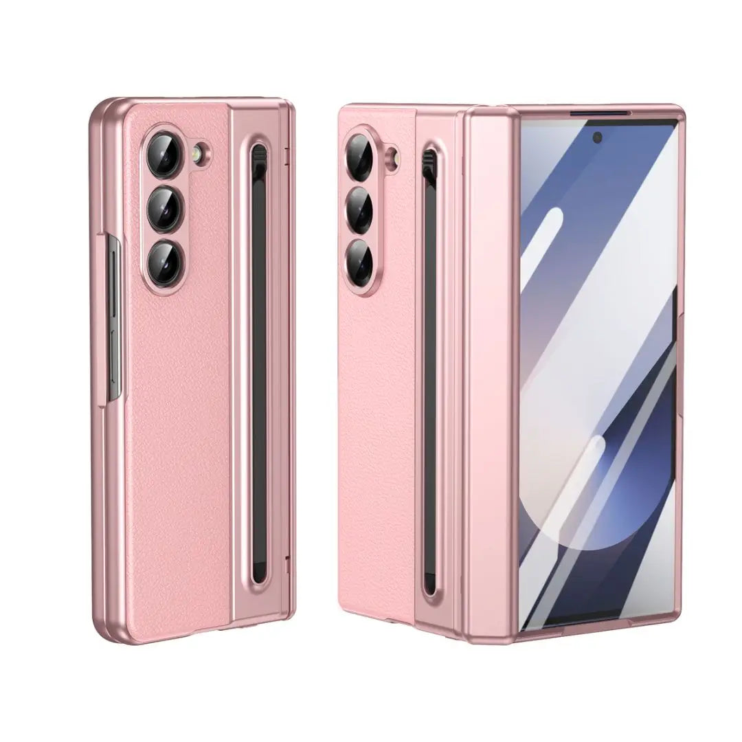 For Galaxy Fold6 S Pen Leather Phone Case Hinge Protection & Built-in Screen Protector Leather Phone Cover for Fold5 Fold4 Black