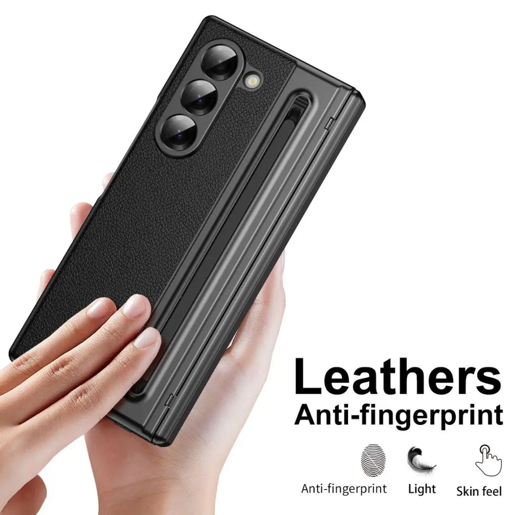 For Galaxy Fold6 S Pen Leather Phone Case Hinge Protection & Built-in Screen Protector Leather Phone Cover for Fold5 Fold4 Black