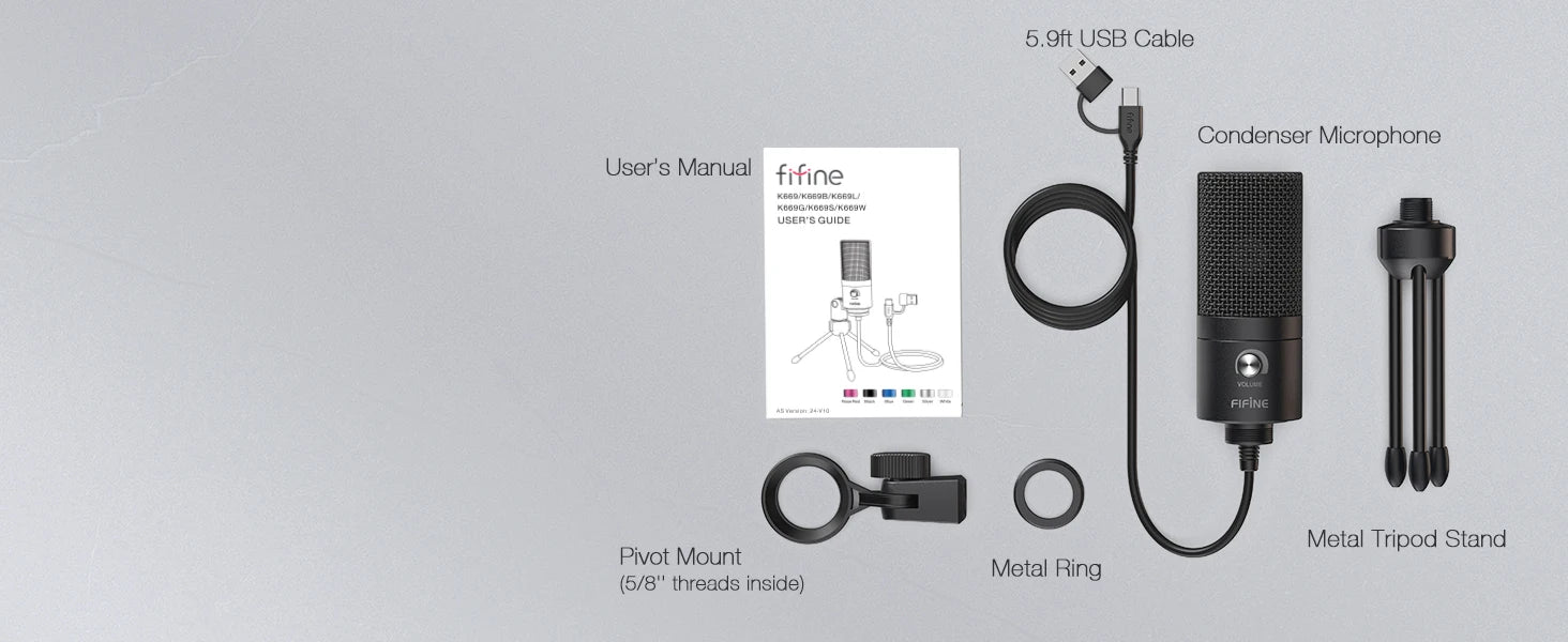 FIFINE USB Condenser Microphone with Gain Knob,Metal Recording Mic for Home Studio,Podcasting,Voice-over,Laptop,Windows -K669
