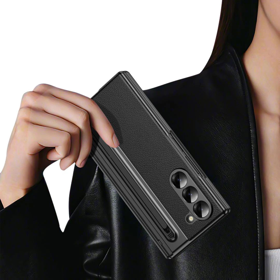 For Galaxy Fold6 S Pen Leather Phone Case Hinge Protection & Built-in Screen Protector Leather Phone Cover for Fold5 Fold4 Black