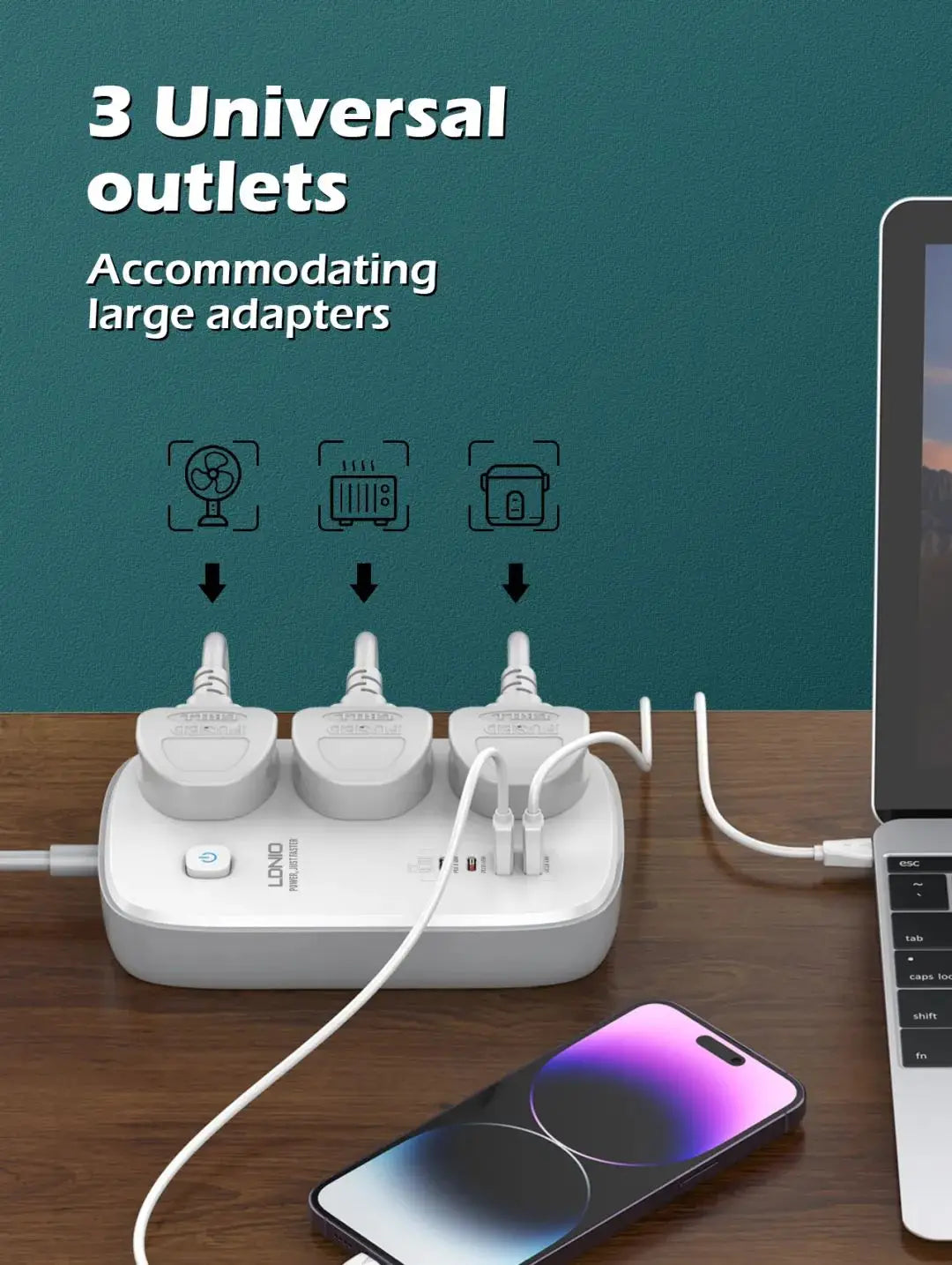 LDNIO Universal Power Strip with 65W GaN USB Charer 3250W Extension Cable Network Filter Surge Protector  EU/US/UK Plug Socket