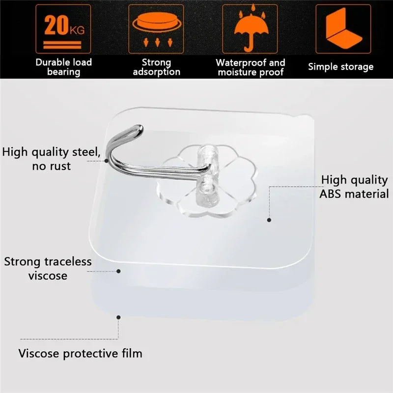 Self-adhesive Adhesive wall Hanging hooks Heavy Duty Transparent Seamless Hooks Keys Bathroom Shower Outdoor Kitchen Door Home
