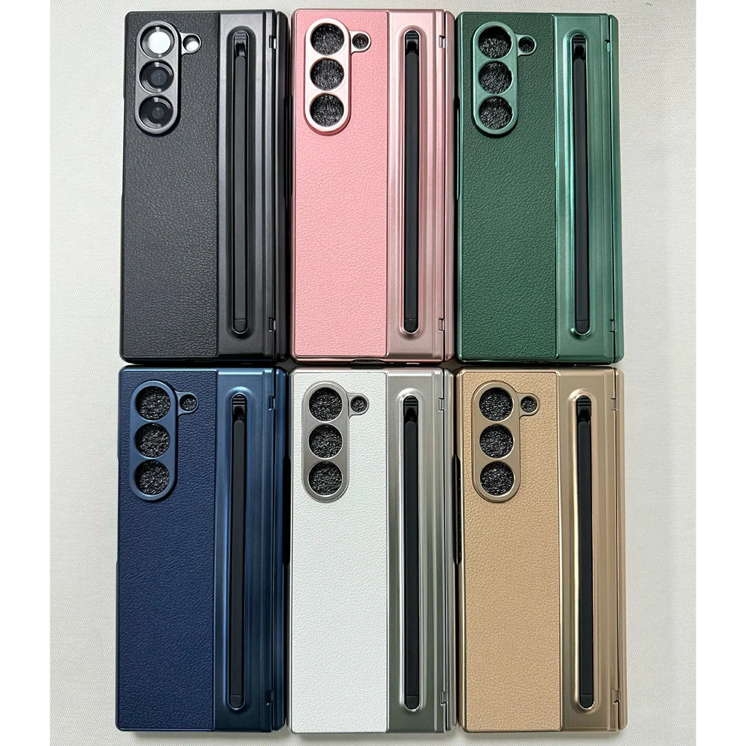 S Pen Phone Case for Galaxy Z Fold6 Fold7 Hinge Protection & Built-in Screen Protector Leather Phone Cover for Fold4 Fold5 Blue