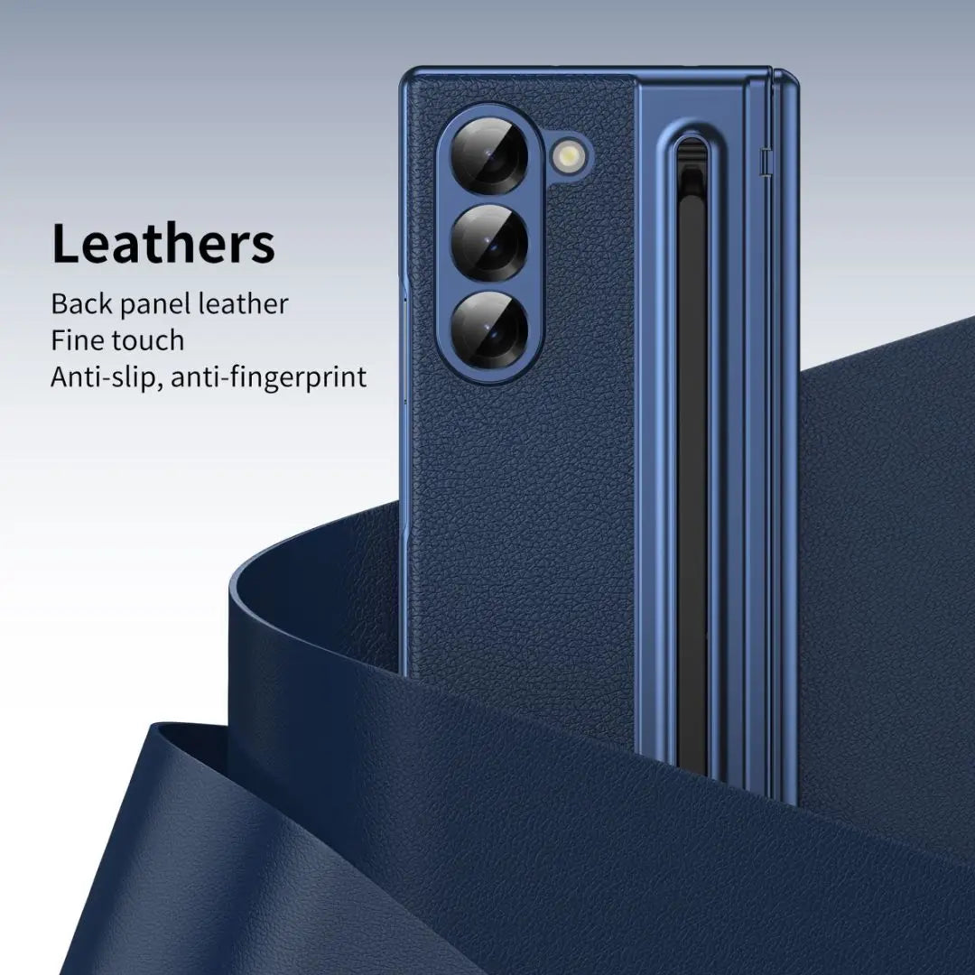 S Pen Phone Case for Galaxy Z Fold6 Fold7 Hinge Protection & Built-in Screen Protector Leather Phone Cover for Fold4 Fold5 Blue
