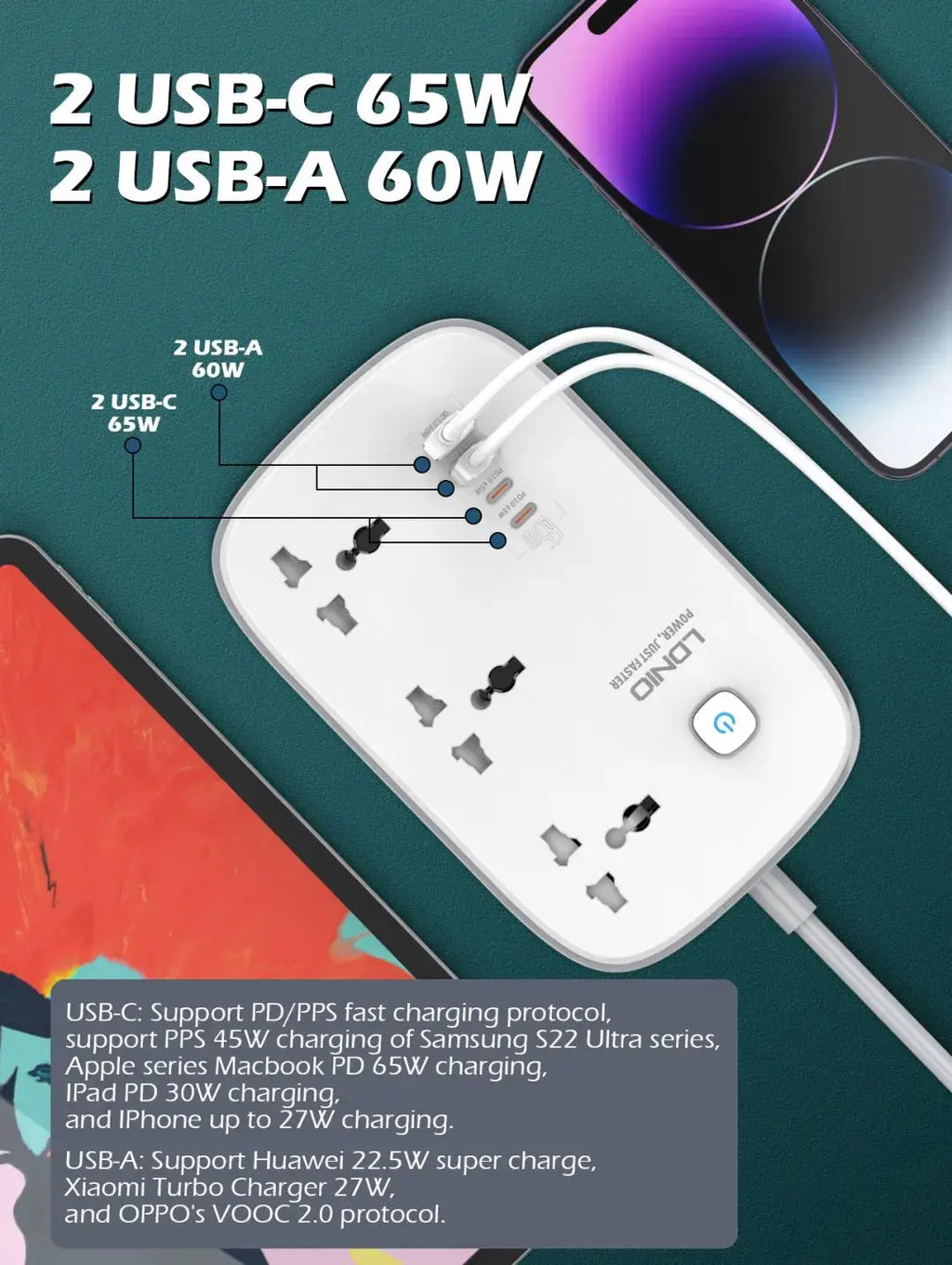 LDNIO Universal Power Strip with 65W GaN USB Charer 3250W Extension Cable Network Filter Surge Protector  EU/US/UK Plug Socket