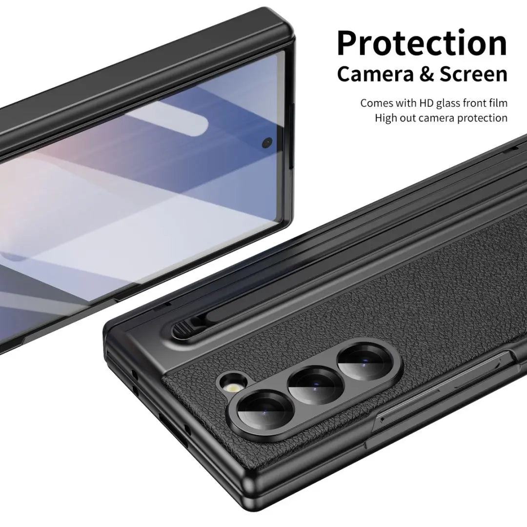 For Galaxy Fold6 S Pen Leather Phone Case Hinge Protection & Built-in Screen Protector Leather Phone Cover for Fold5 Fold4 Black