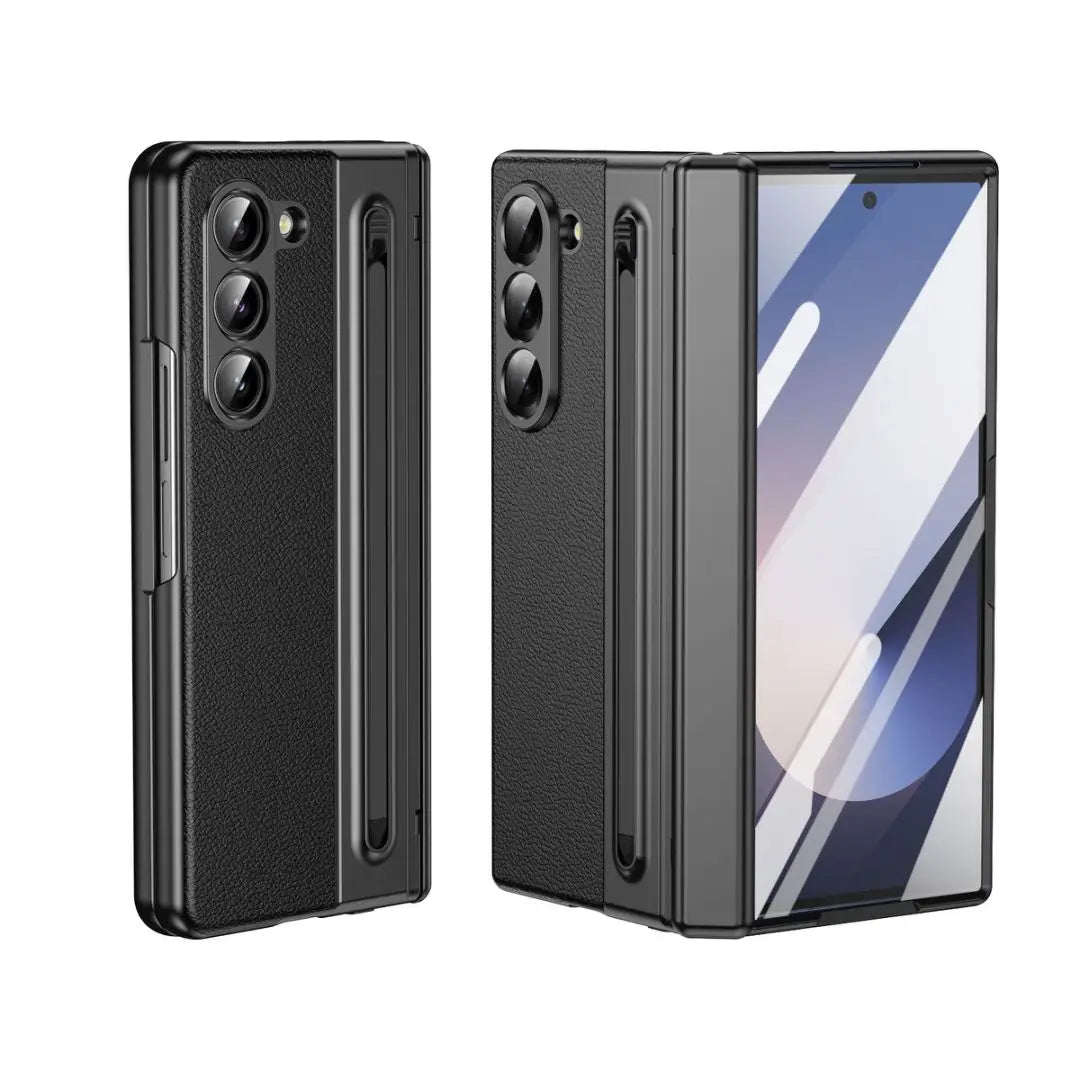 S Pen Phone Case for Galaxy Z Fold6 Fold7 Hinge Protection & Built-in Screen Protector Leather Phone Cover for Fold4 Fold5 Blue