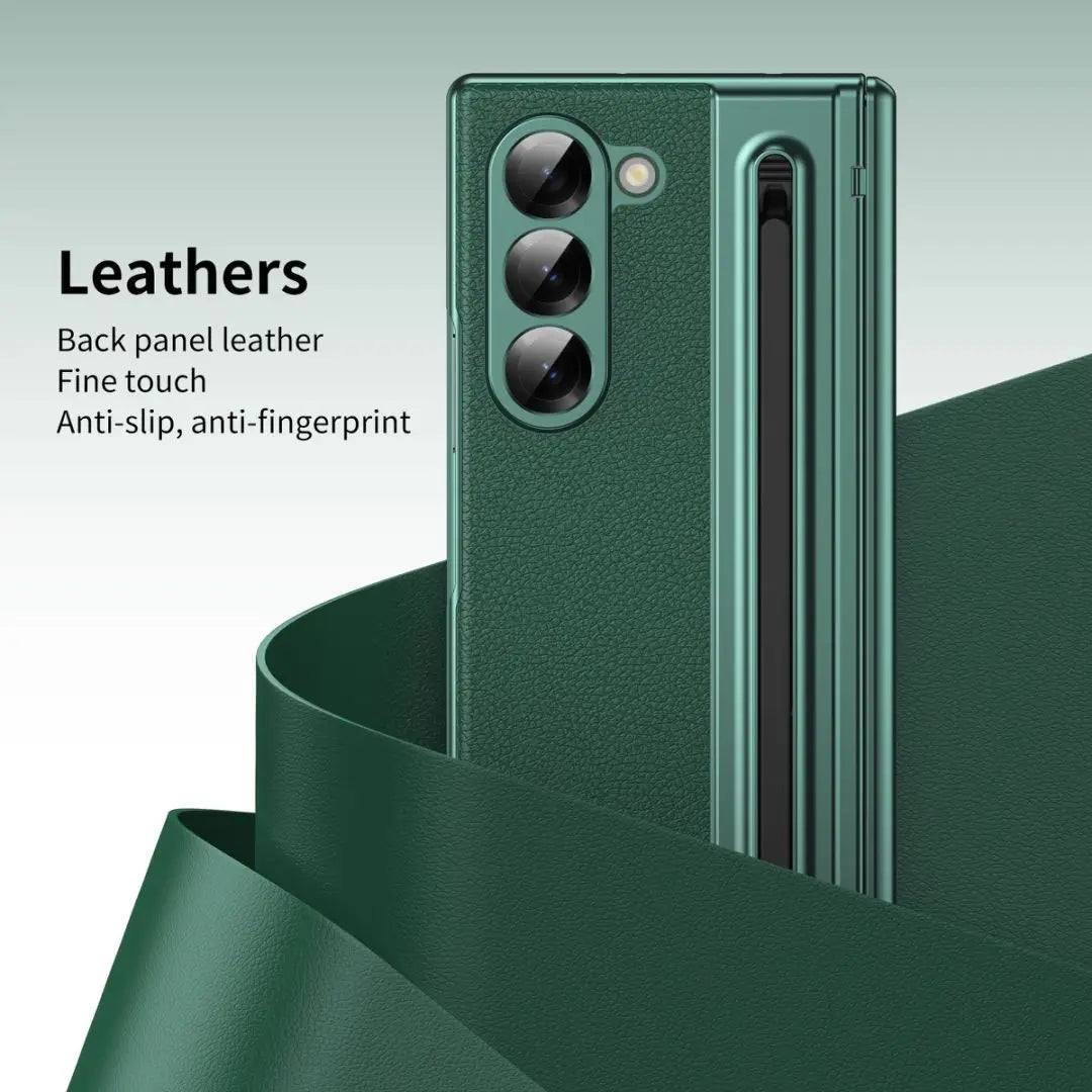 For Galaxy Fold6 S Pen Leather Phone Case Hinge Protection & Built-in Screen Protector Leather Phone Cover for Fold5 Fold4 Black