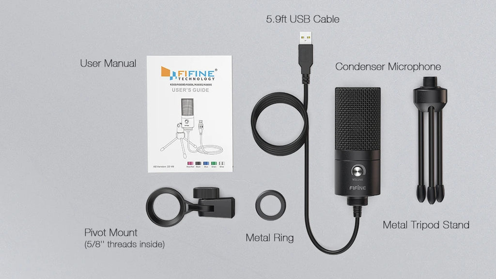 FIFINE USB Condenser Microphone with Gain Knob,Metal Recording Mic for Home Studio,Podcasting,Voice-over,Laptop,Windows -K669